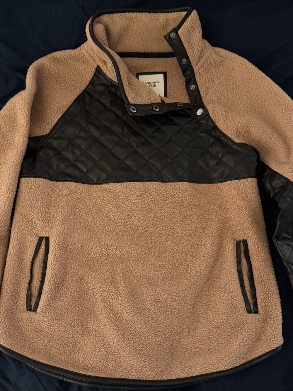 Abercrombie & Fitch Tan Sherpa Pullover with Black Quilted Yoke